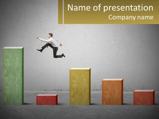 A Man Jumping Over A Bar Chart On Top Of Blocks PowerPoint Template