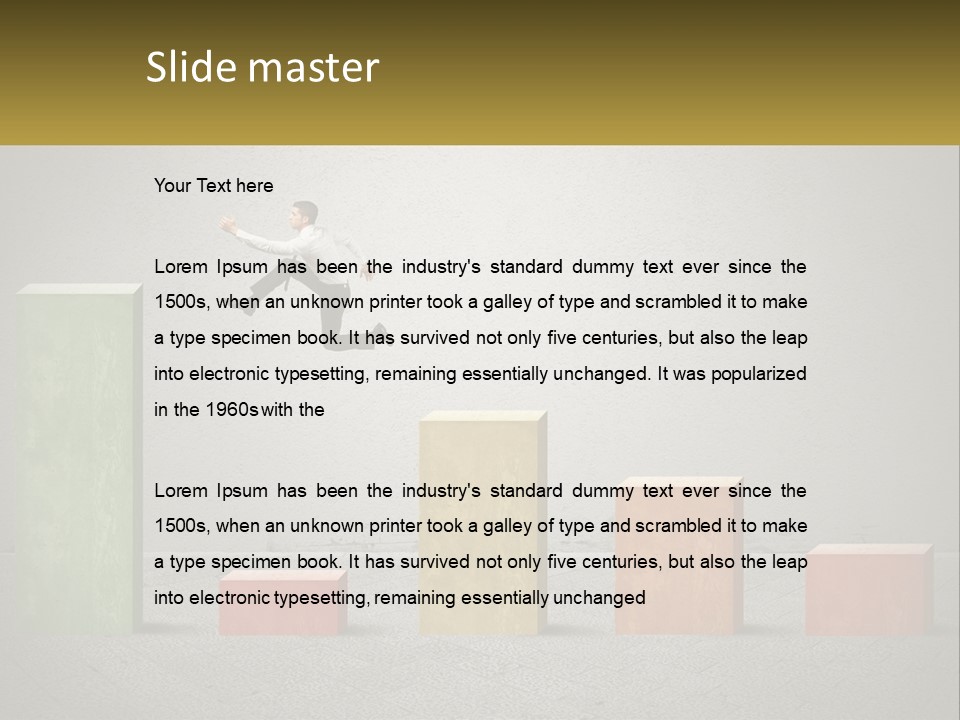 A Man Jumping Over A Bar Chart On Top Of Blocks PowerPoint Template