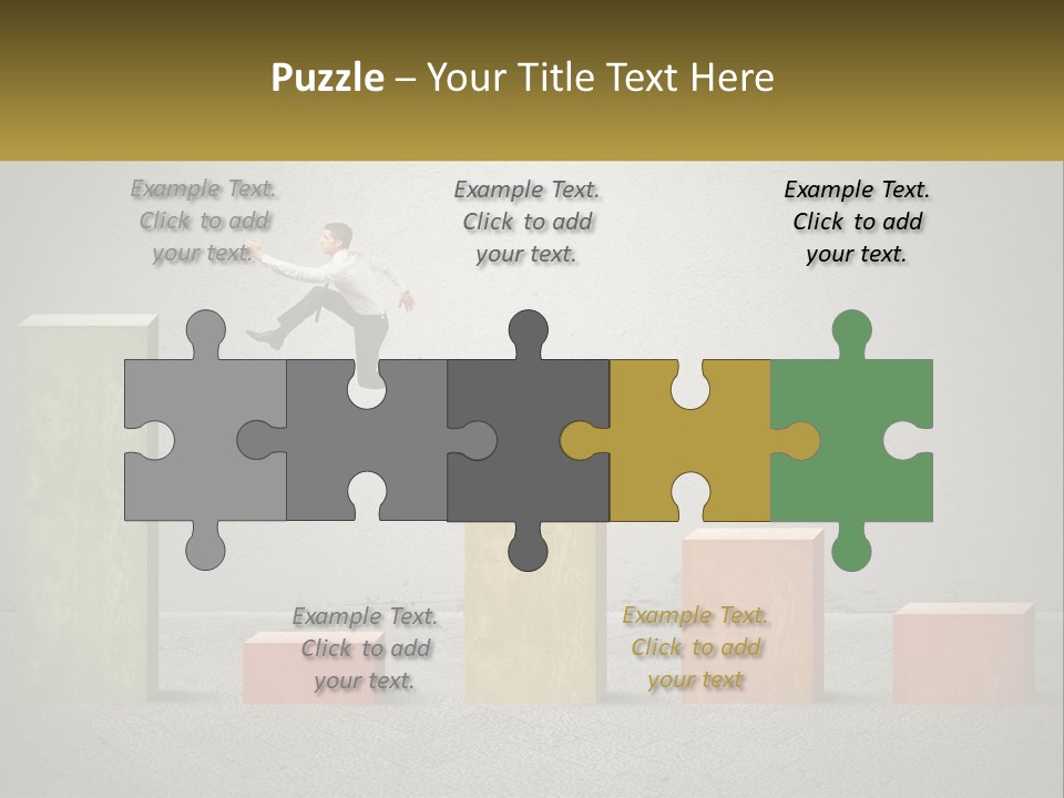 A Man Jumping Over A Bar Chart On Top Of Blocks PowerPoint Template