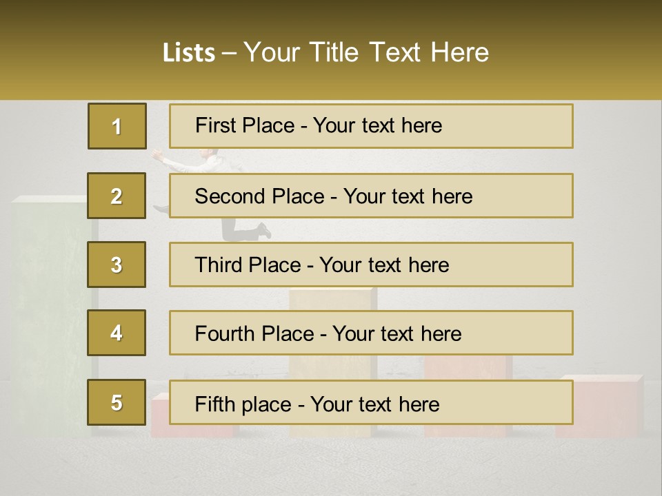 A Man Jumping Over A Bar Chart On Top Of Blocks PowerPoint Template