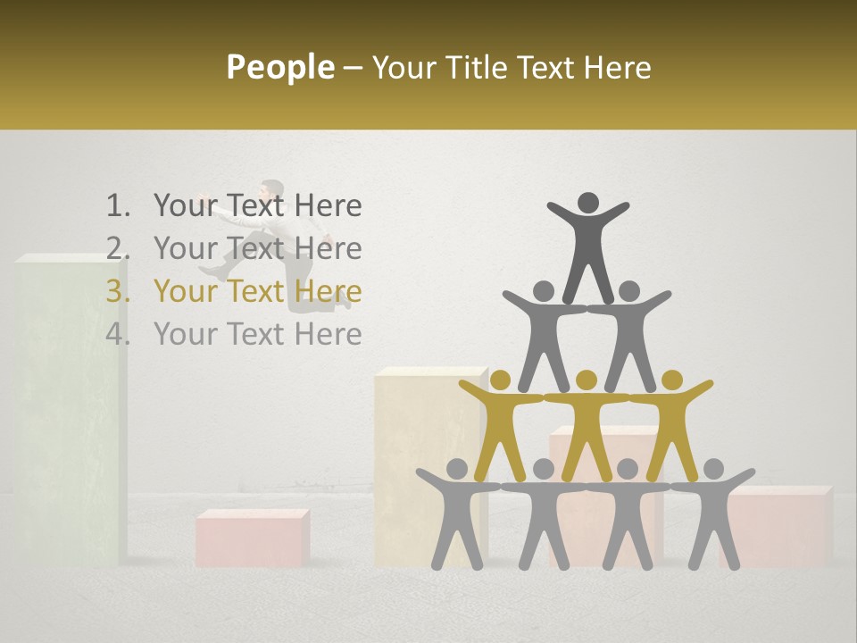 A Man Jumping Over A Bar Chart On Top Of Blocks PowerPoint Template