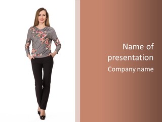 A Woman Standing In Front Of A Brown And White Background PowerPoint Template