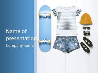 A Skateboard, Hat, Sunglasses, And A Pair Of Shorts Lay On A PowerPoint Template