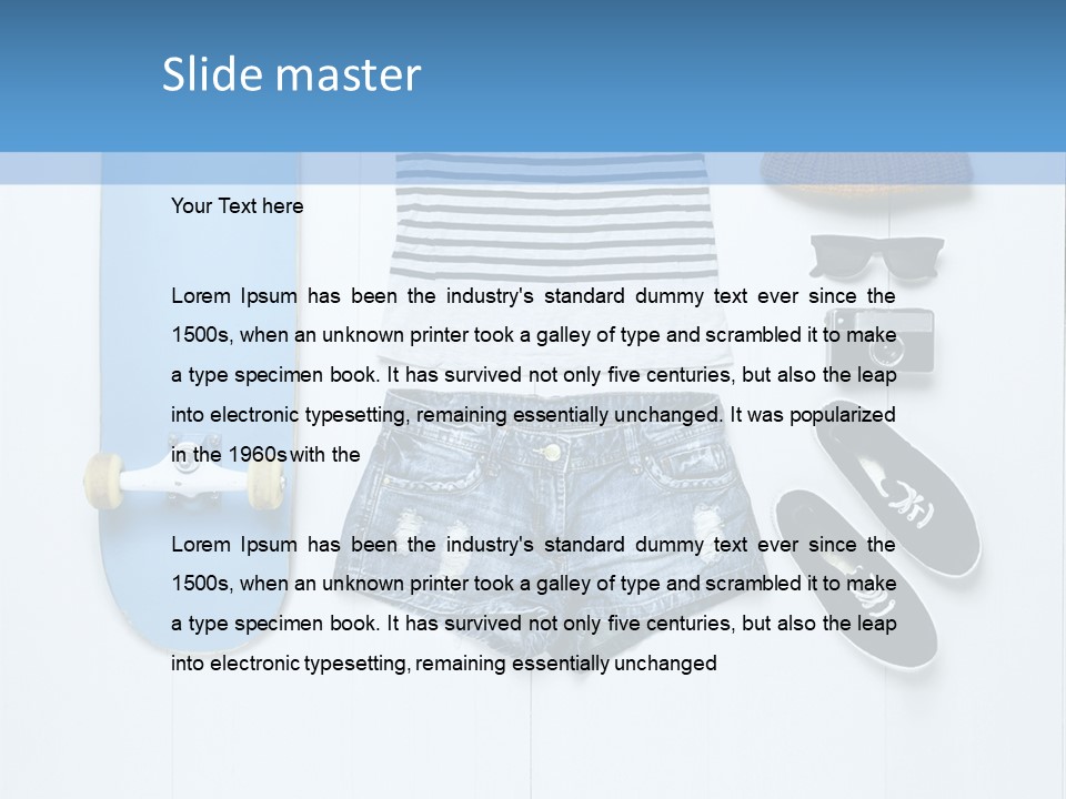 A Skateboard, Hat, Sunglasses, And A Pair Of Shorts Lay On A PowerPoint Template