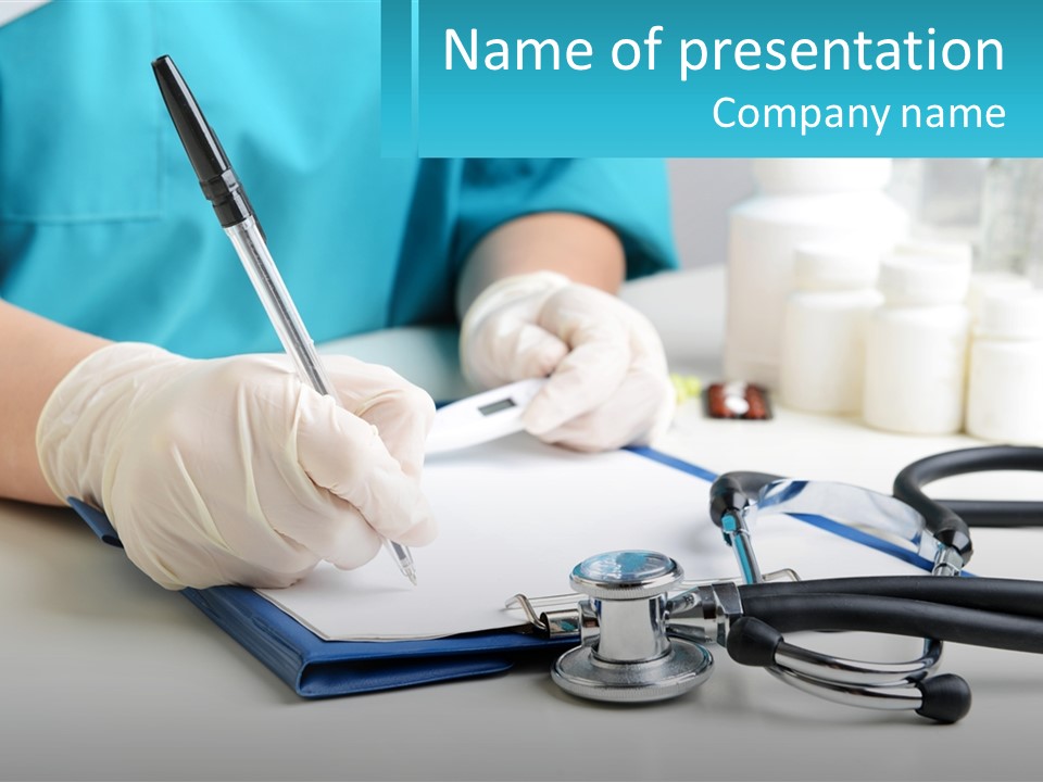 A Doctor Writing On A Clipboard With A Stethoscope PowerPoint Template