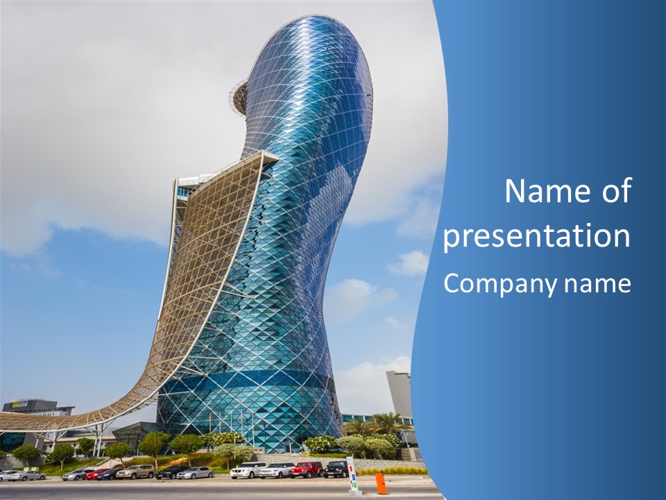 A Large Blue Building With A Sky Background PowerPoint Template