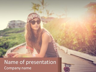 A Woman Sitting On A Bench With A Skateboard PowerPoint Template