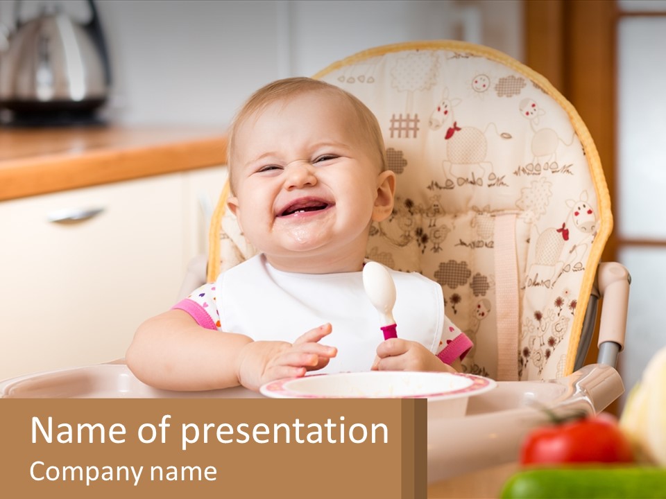 A Baby Sitting In A High Chair Eating Food PowerPoint Template