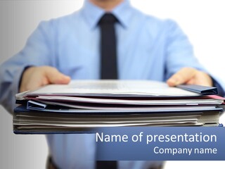 A Man Holding A Stack Of Files In His Hands PowerPoint Template