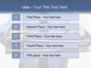 A Man Holding A Stack Of Files In His Hands PowerPoint Template