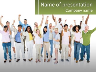 A Group Of People Standing Together With Their Arms In The Air PowerPoint Template