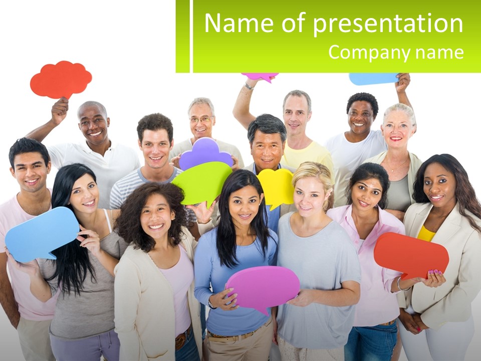 A Group Of People Holding Speech Bubbles PowerPoint Template