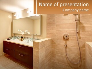 A Bathroom With A Sink And A Shower Head PowerPoint Template