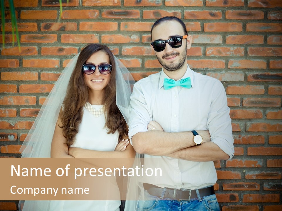 A Man And A Woman Standing Next To Each Other In Front Of A Brick Wall PowerPoint Template