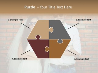 A Man And A Woman Standing Next To Each Other In Front Of A Brick Wall PowerPoint Template