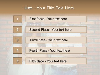 A Man And A Woman Standing Next To Each Other In Front Of A Brick Wall PowerPoint Template