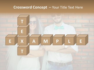 A Man And A Woman Standing Next To Each Other In Front Of A Brick Wall PowerPoint Template
