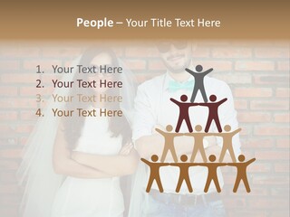 A Man And A Woman Standing Next To Each Other In Front Of A Brick Wall PowerPoint Template