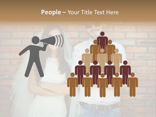 A Man And A Woman Standing Next To Each Other In Front Of A Brick Wall PowerPoint Template