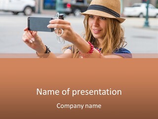 A Woman Taking A Picture With Her Cell Phone PowerPoint Template
