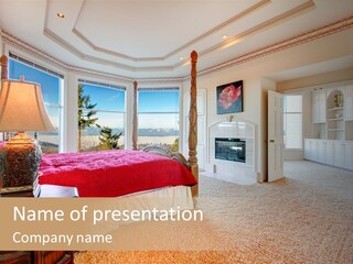 A Bedroom With A Large Bed And A Fireplace PowerPoint Template