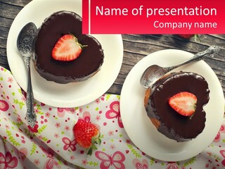 Two Plates Of Desserts With Chocolate Frosting And Strawberries PowerPoint Template