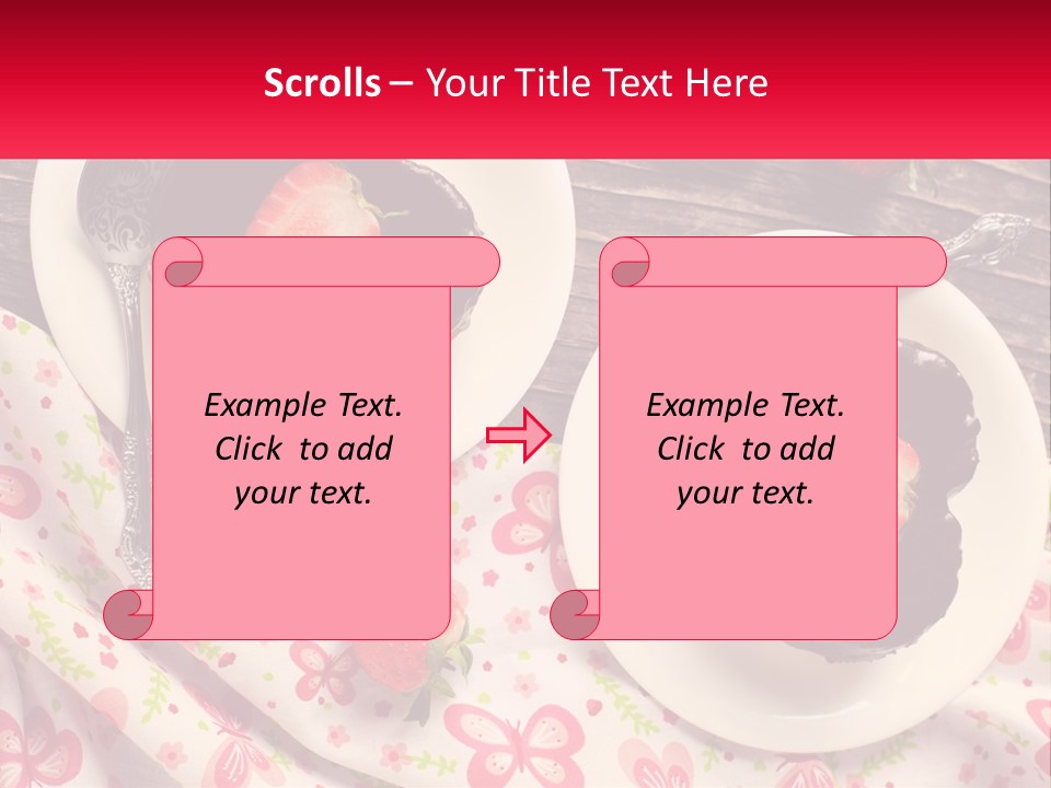 Two Plates Of Desserts With Chocolate Frosting And Strawberries PowerPoint Template