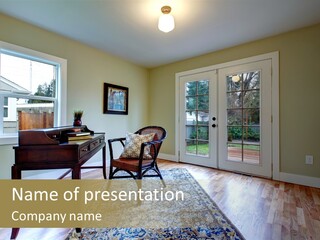 A Living Room With A Piano And A Chair PowerPoint Template