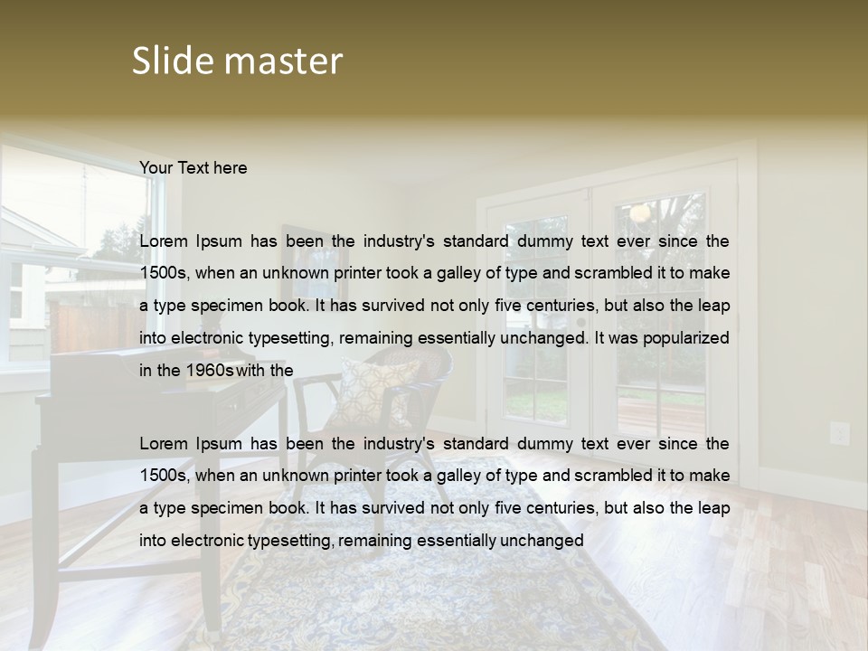 A Living Room With A Piano And A Chair PowerPoint Template