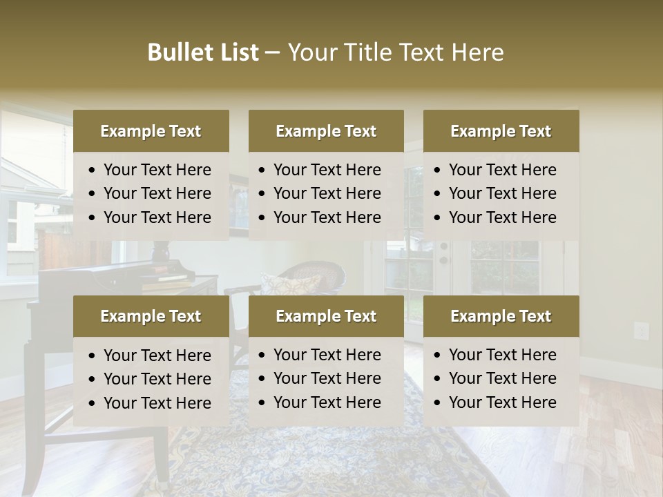 A Living Room With A Piano And A Chair PowerPoint Template