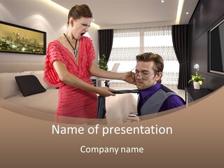 A Woman Combing A Man's Hair In A Living Room PowerPoint Template