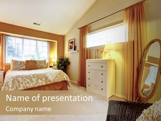A Bedroom With A Bed, Dresser And Mirror PowerPoint Template