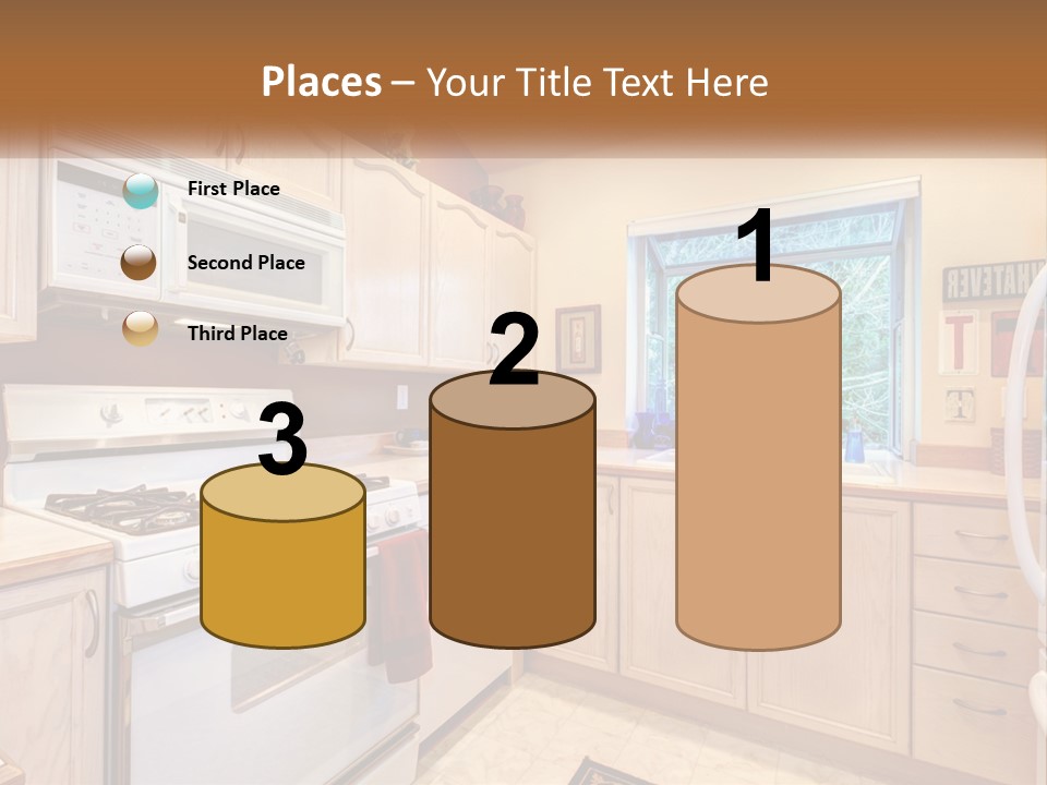 A Kitchen With White Appliances And A Window PowerPoint Template