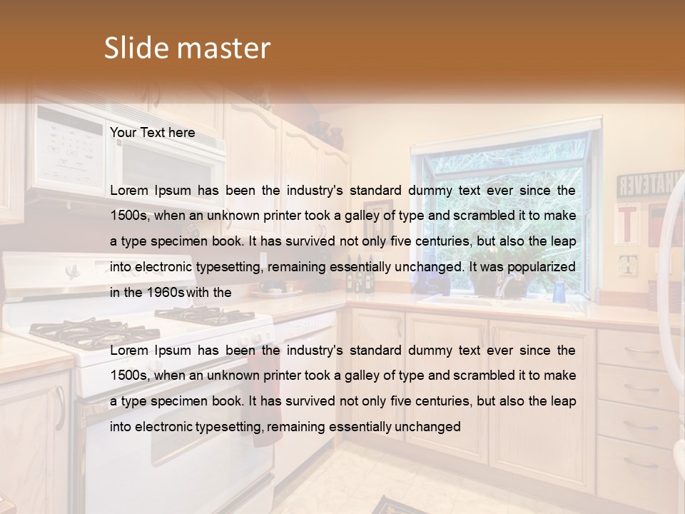 A Kitchen With White Appliances And A Window PowerPoint Template