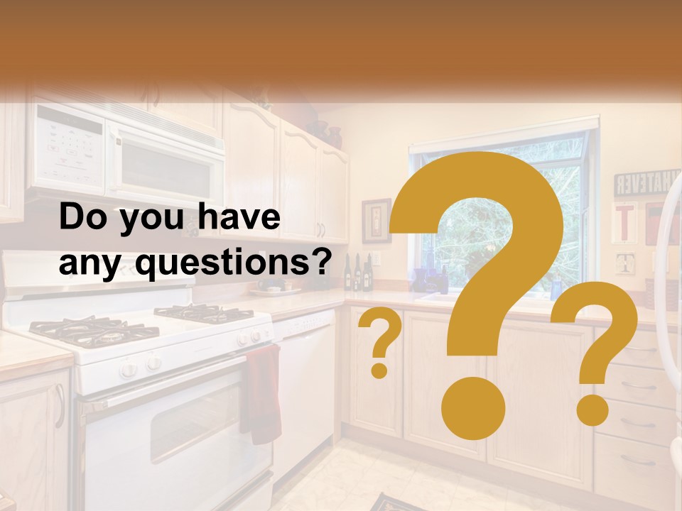 A Kitchen With White Appliances And A Window PowerPoint Template