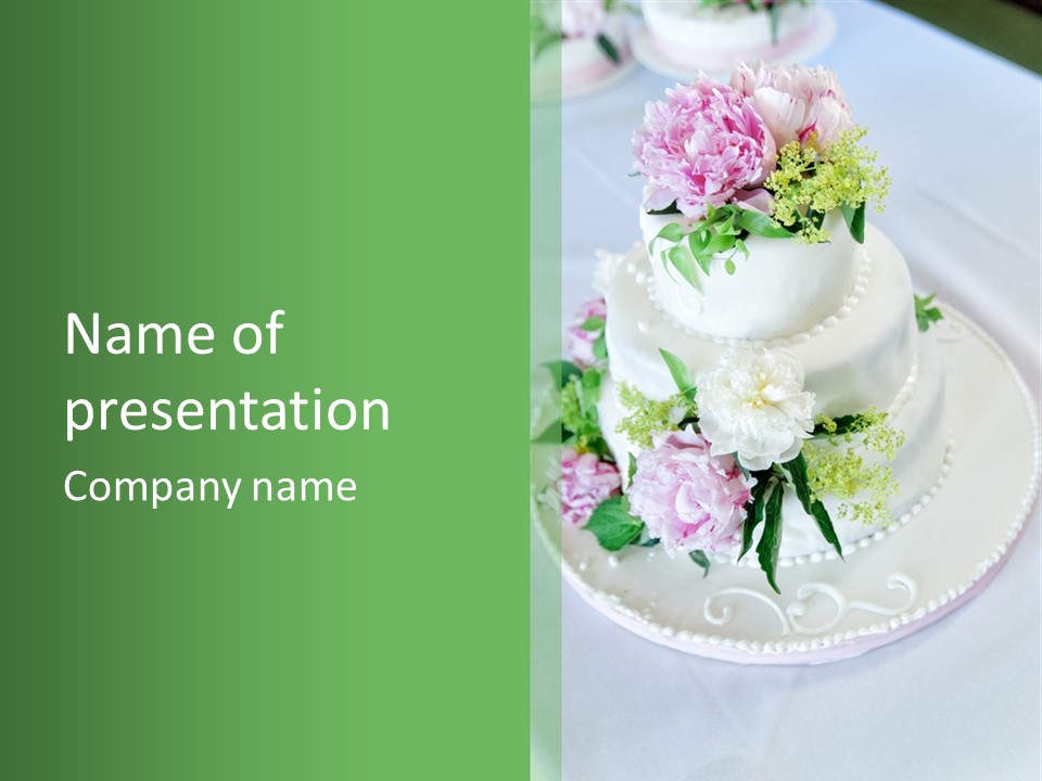 A Wedding Cake With Pink And White Flowers On A Table PowerPoint Template