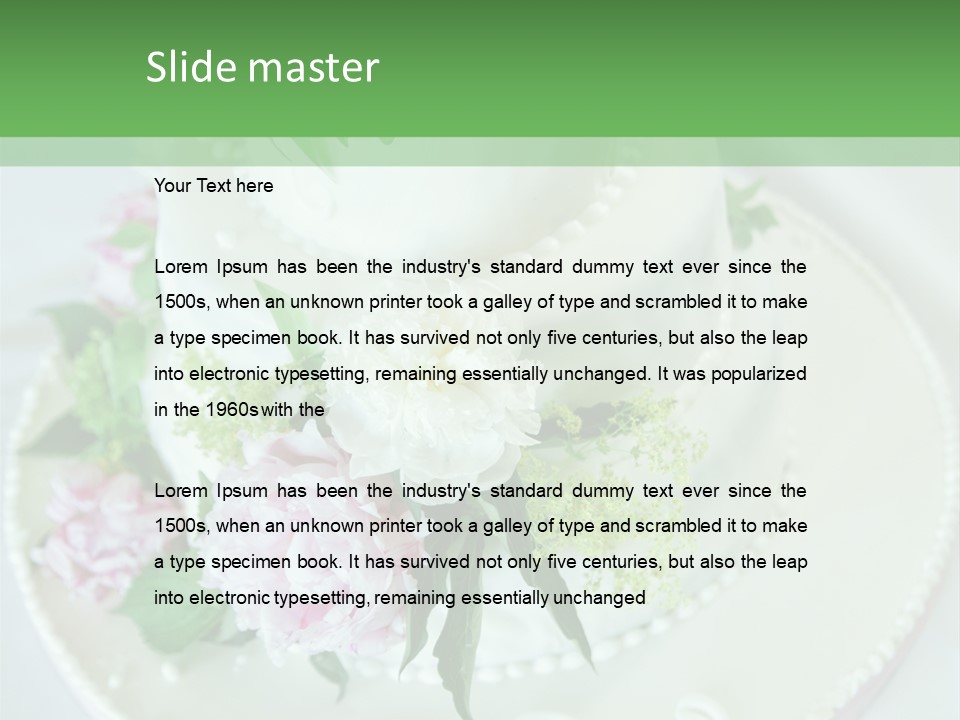 A Wedding Cake With Pink And White Flowers On A Table PowerPoint Template