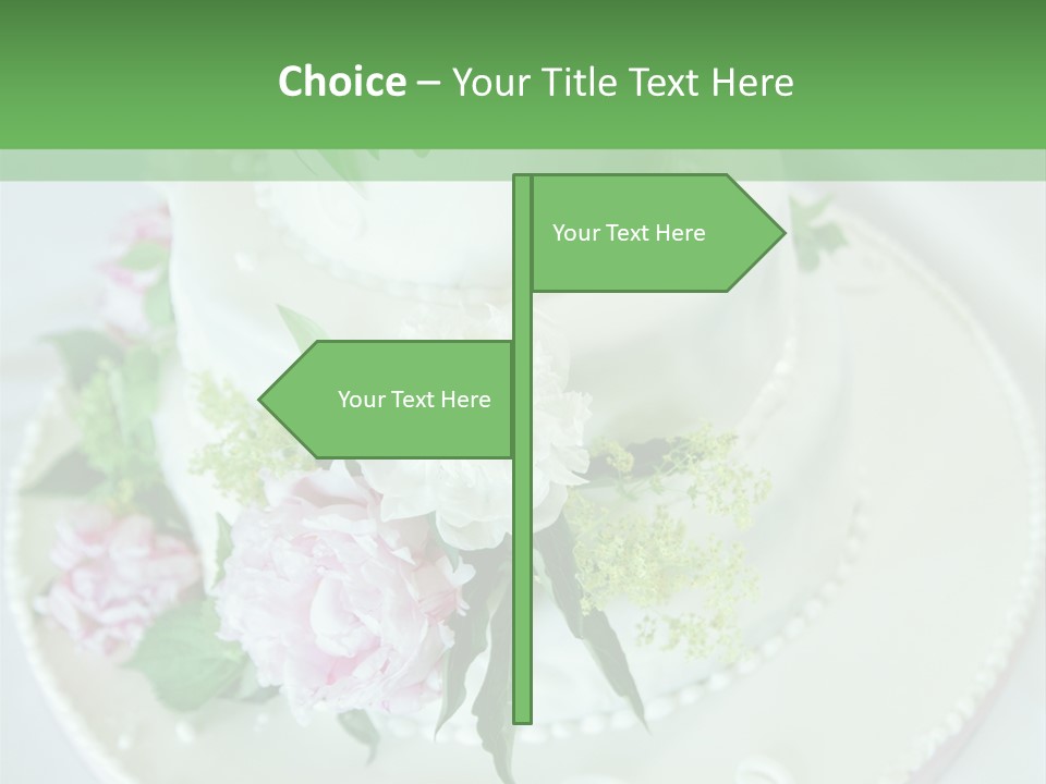 A Wedding Cake With Pink And White Flowers On A Table PowerPoint Template