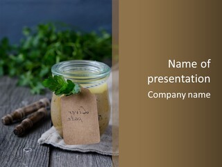 A Jar Filled With Liquid Next To Some Herbs PowerPoint Template