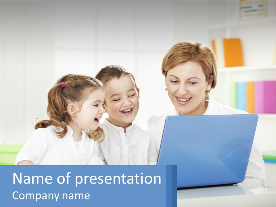 A Woman And Two Children Looking At A Laptop PowerPoint Template