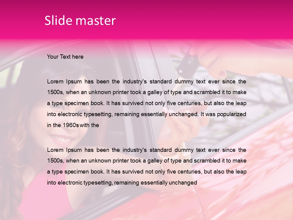 A Woman In A Red Car Holding A Car Key PowerPoint Template
