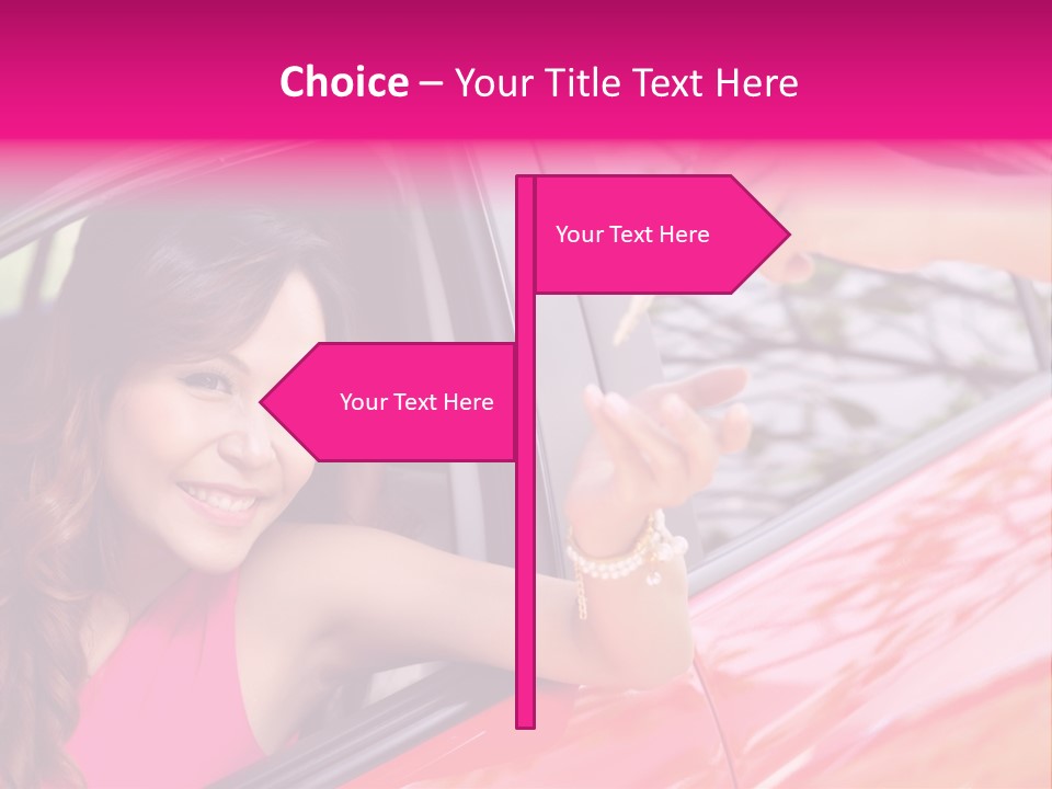 A Woman In A Red Car Holding A Car Key PowerPoint Template