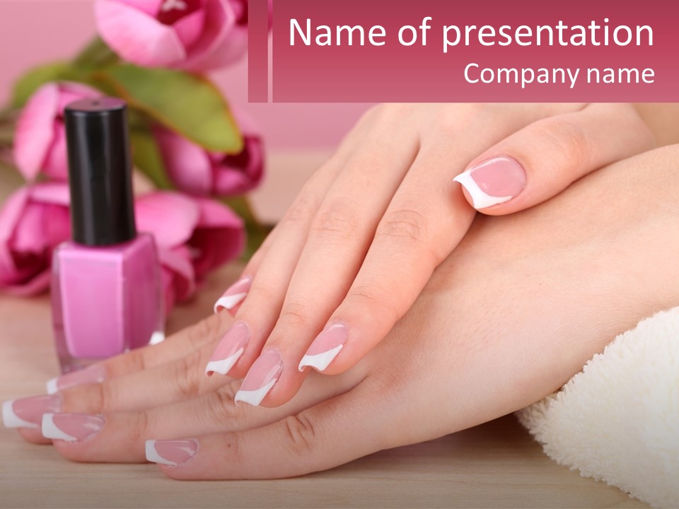 A Woman's Hands With French Manies And A Bottle Of Nail Polish PowerPoint Template