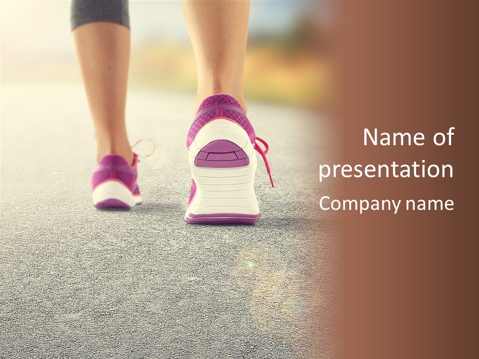 A Woman's Feet Walking Down A Road With A Pink Shoe PowerPoint Template