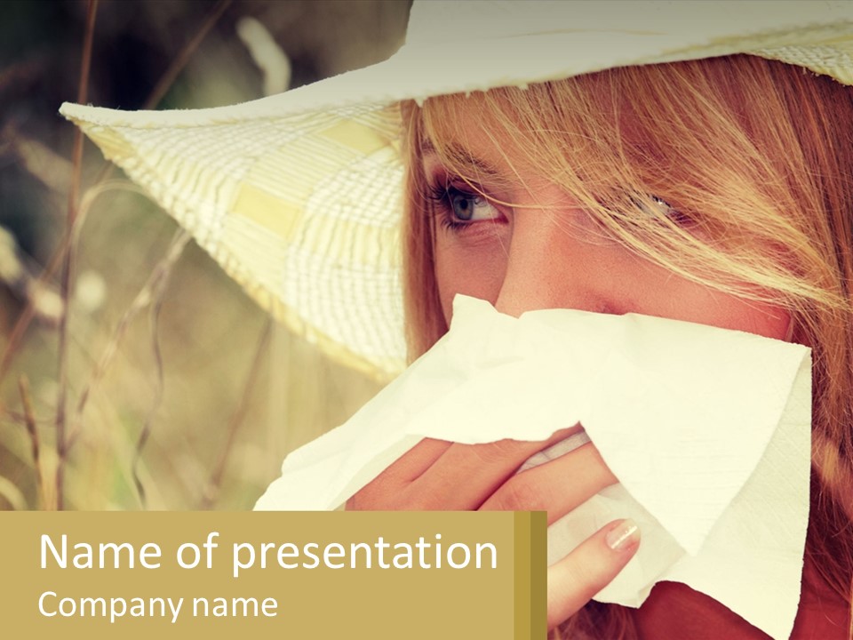 A Woman Wearing A Hat And Holding A Napkin To Her Mouth PowerPoint Template
