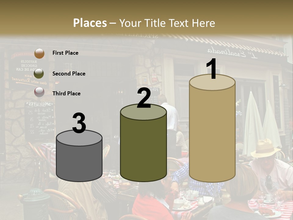 A Group Of People Sitting At A Table In Front Of A Building PowerPoint Template