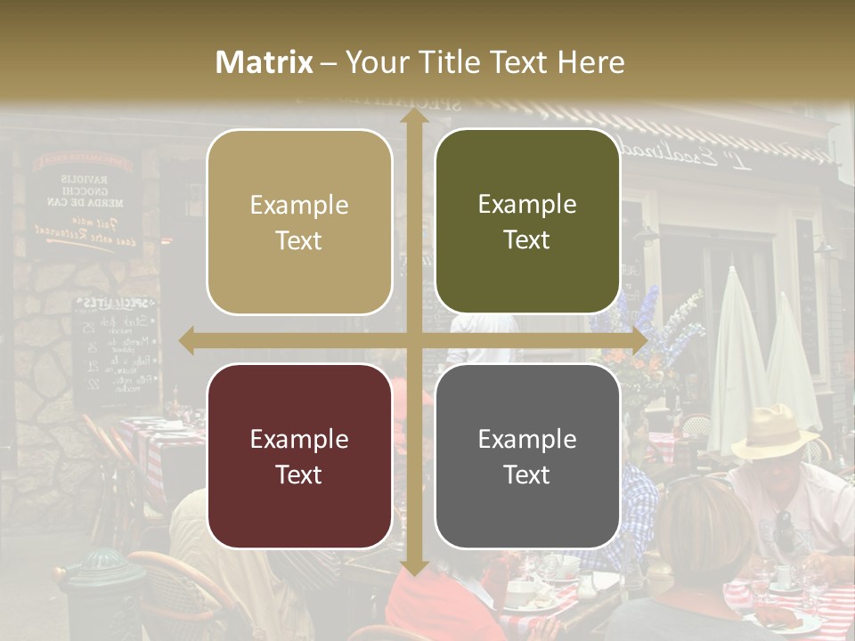 A Group Of People Sitting At A Table In Front Of A Building PowerPoint Template