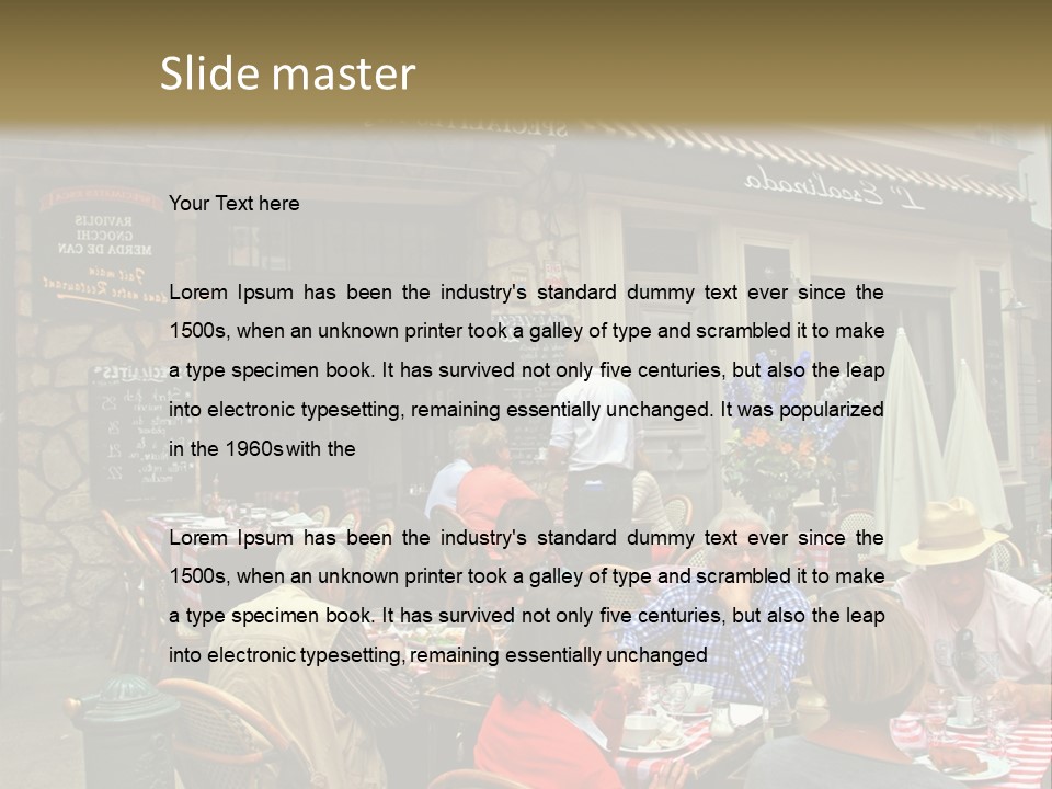 A Group Of People Sitting At A Table In Front Of A Building PowerPoint Template