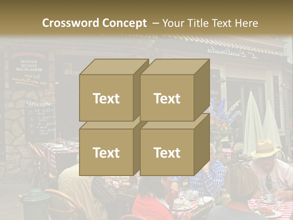 A Group Of People Sitting At A Table In Front Of A Building PowerPoint Template