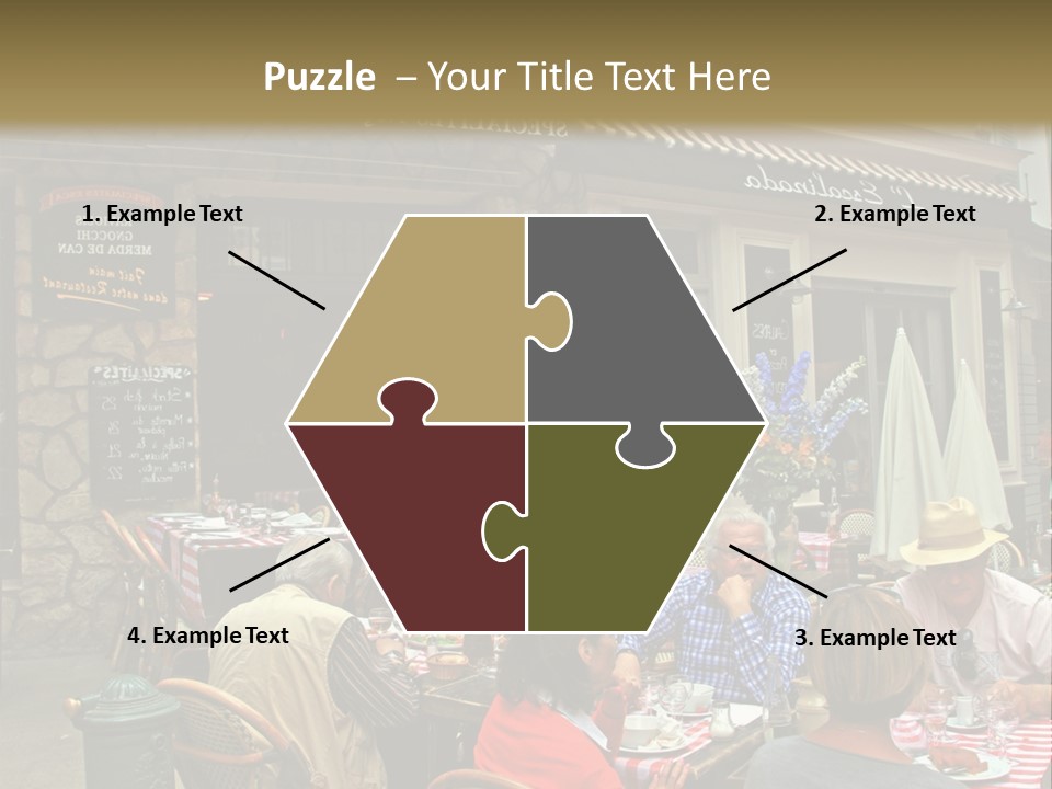 A Group Of People Sitting At A Table In Front Of A Building PowerPoint Template